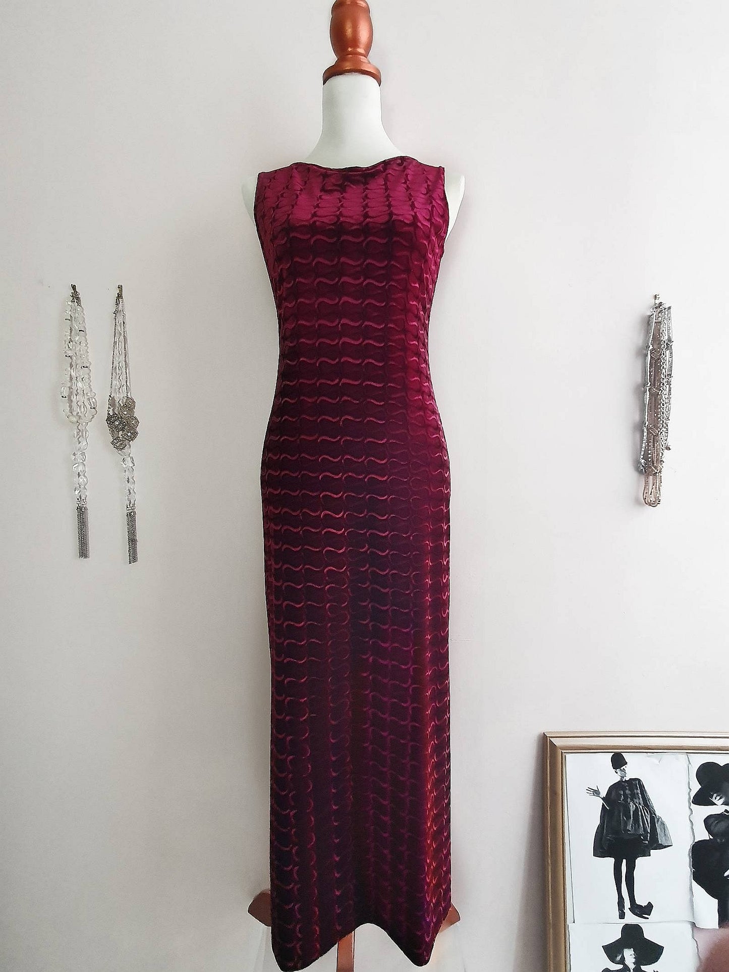 Vintage 1980s Velvet Evening Dress Burgundy Red Long Maxi - Size 10