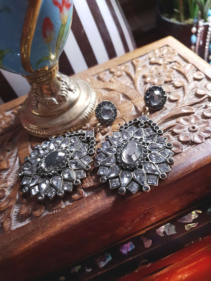 Vintage 1980s Grey Rhinestone Dangle Earrings Drop Victorian Revival
