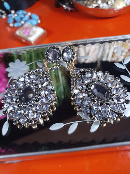 Vintage 1980s Grey Rhinestone Dangle Earrings Drop Victorian Revival