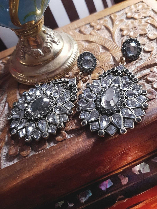 Vintage 1980s Grey Rhinestone Dangle Earrings Drop Victorian Revival