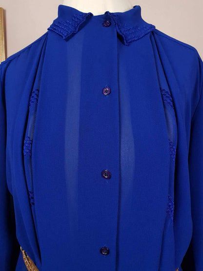 Vintage 1980s Chiffon Blouse Royal Blue Shirt Top Size 16 Pleated