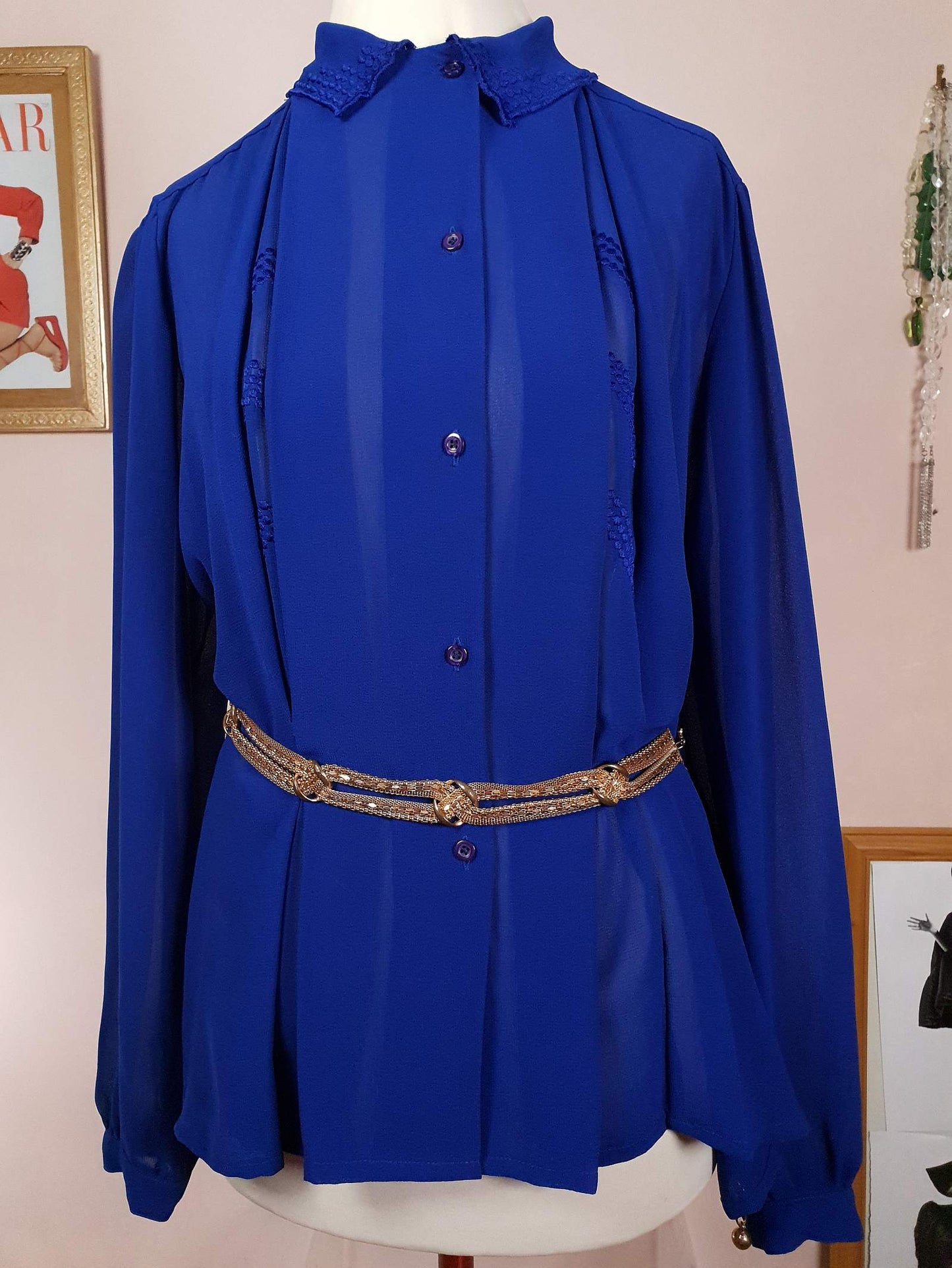 Vintage 1980s Chiffon Blouse Royal Blue Shirt Top Size 16 Pleated