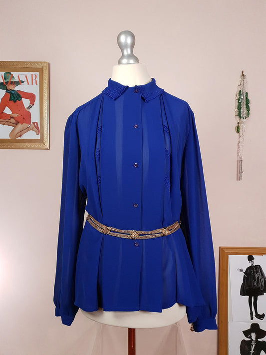 Vintage 1980s Chiffon Blouse Royal Blue Shirt Top Size 16 Pleated