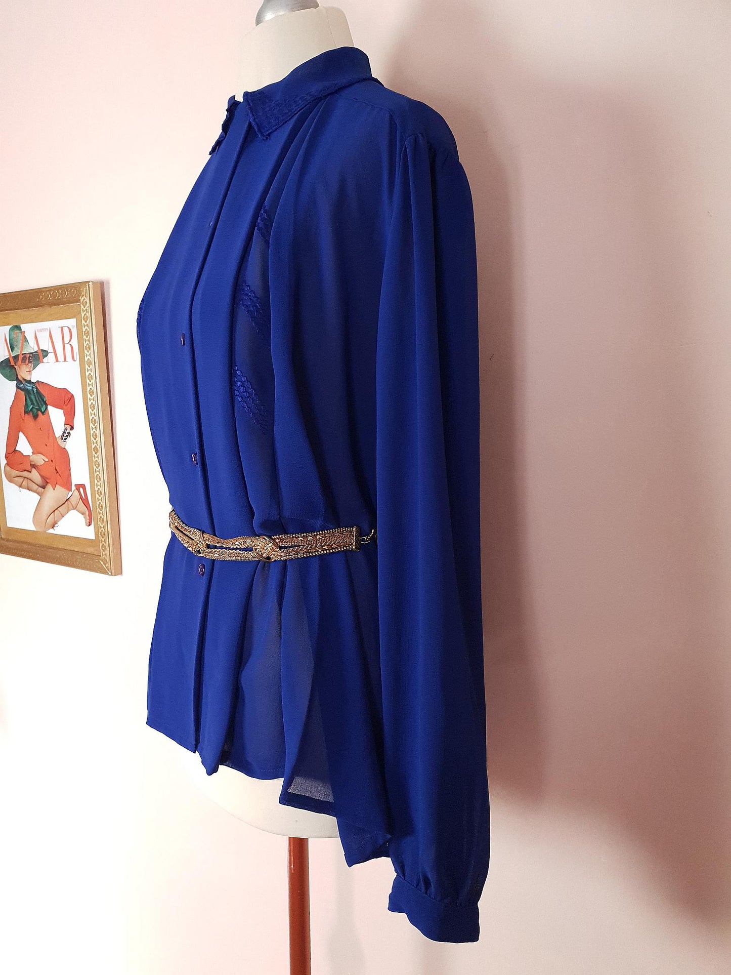 Vintage 1980s Chiffon Blouse Royal Blue Shirt Top Size 16 Pleated