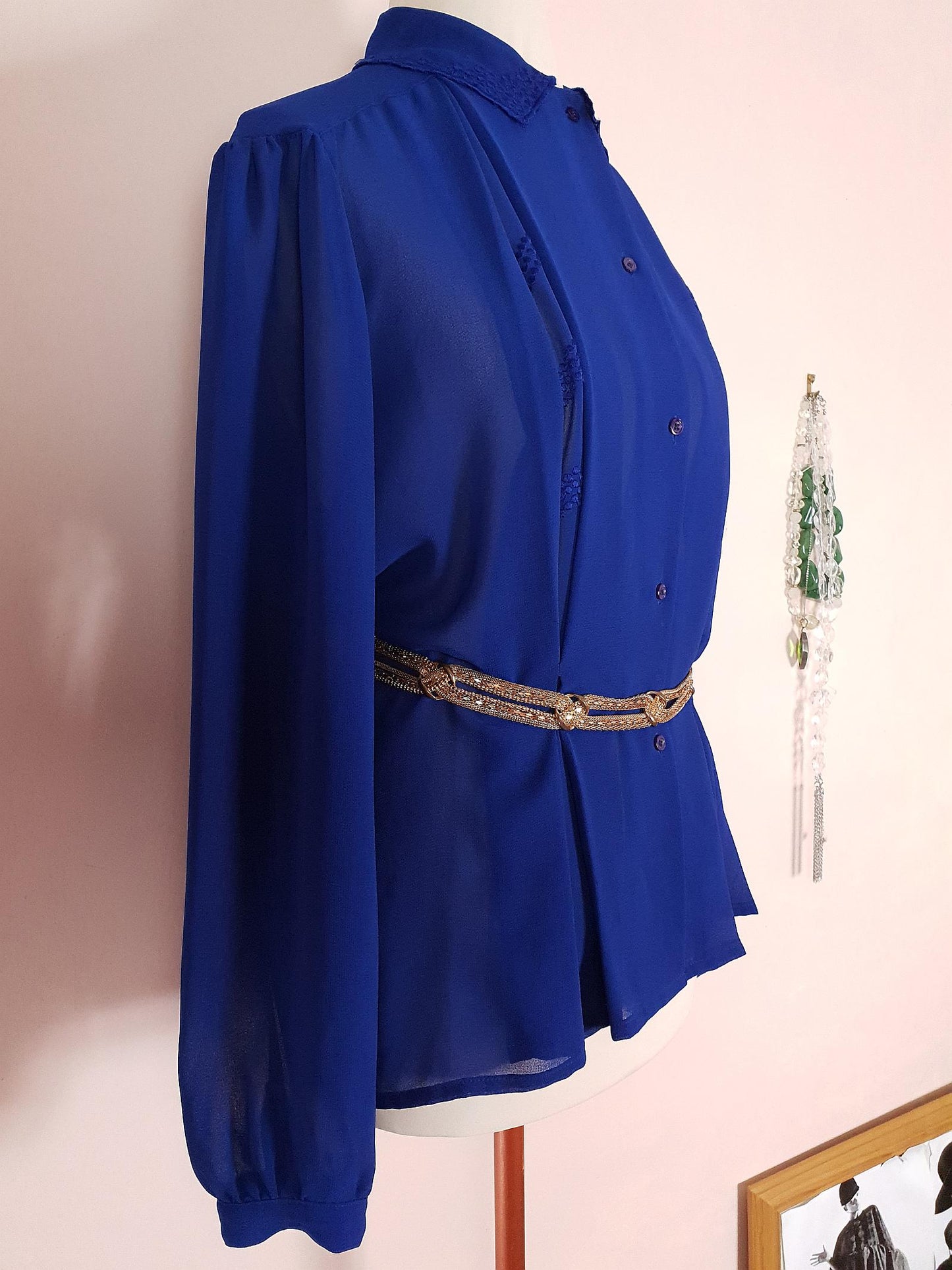 Vintage 1980s Chiffon Blouse Royal Blue Shirt Top Size 16 Pleated