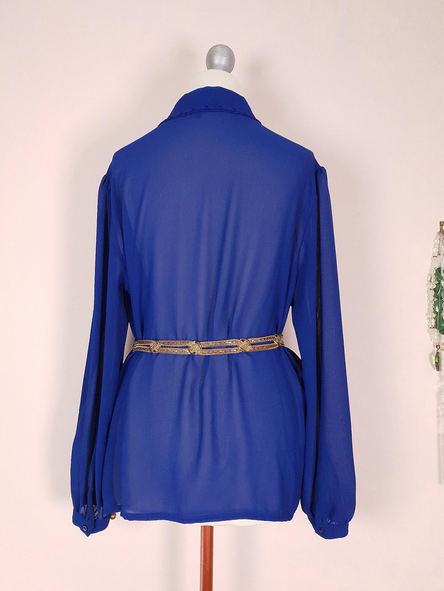 Vintage 1980s Chiffon Blouse Royal Blue Shirt Top Size 16 Pleated