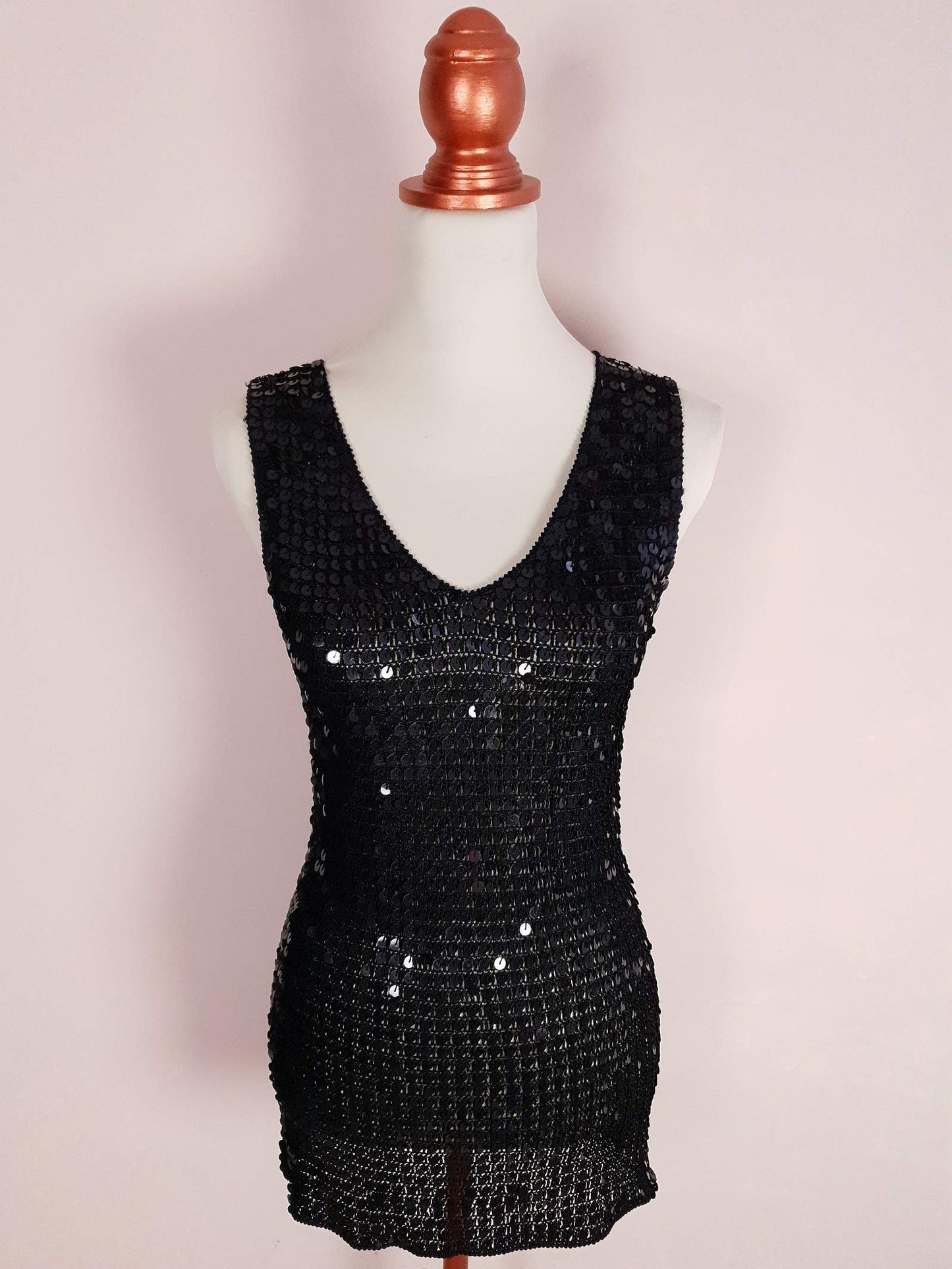 Vintage 90s Black Sequin Crochet Top Size 12 Party