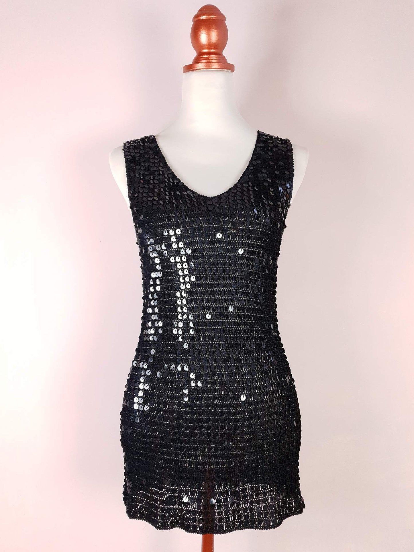 Vintage 90s Black Sequin Crochet Top Size 12 Party