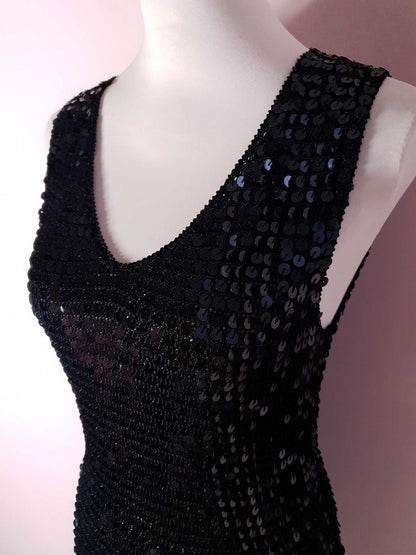 Vintage 90s Black Sequin Crochet Top Size 12 Party