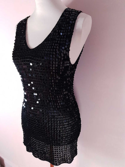 Vintage 90s Black Sequin Crochet Top Size 12 Party