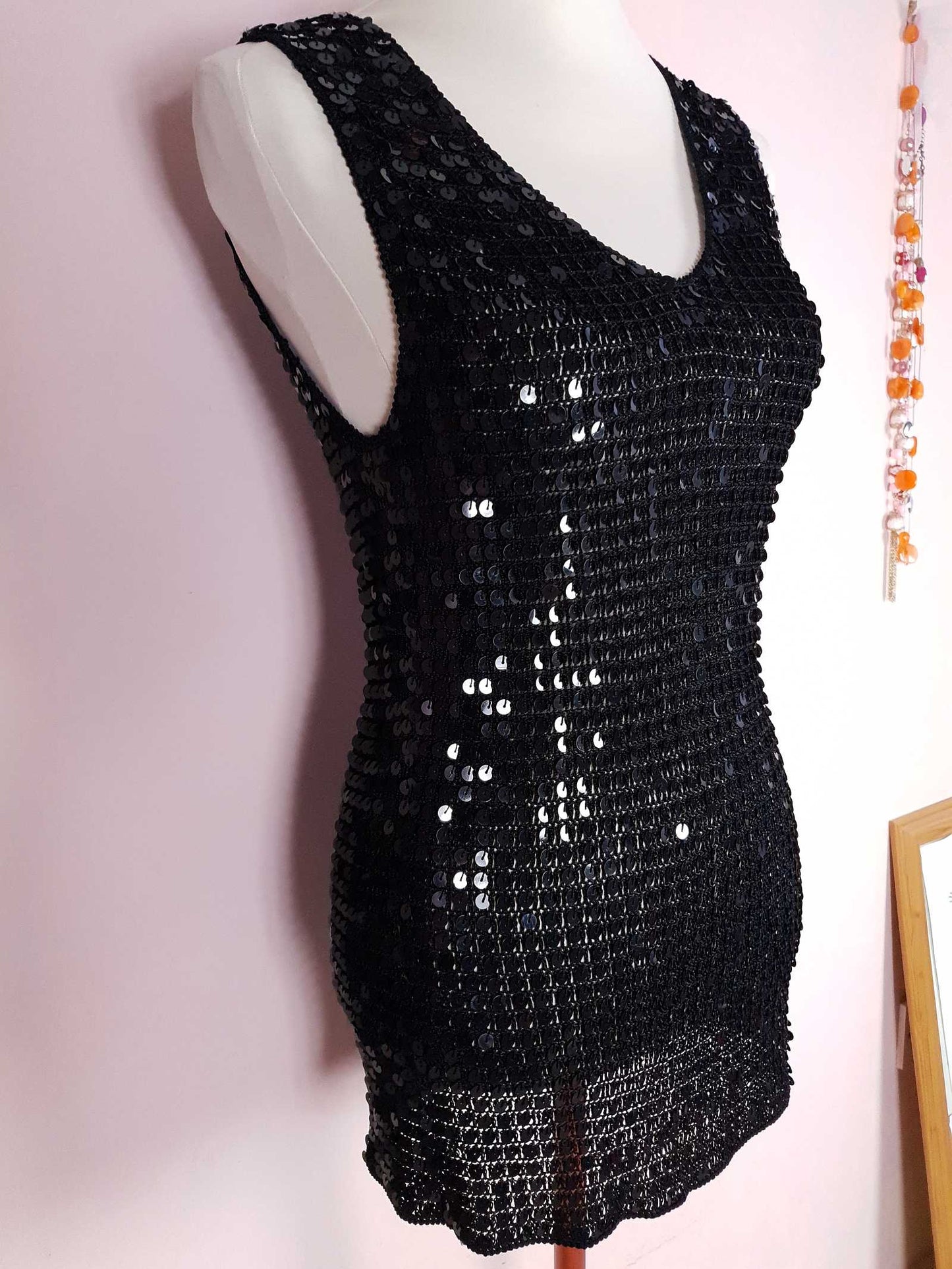 Vintage 90s Black Sequin Crochet Top Size 12 Party