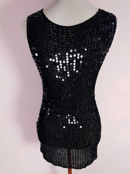 Vintage 90s Black Sequin Crochet Top Size 12 Party