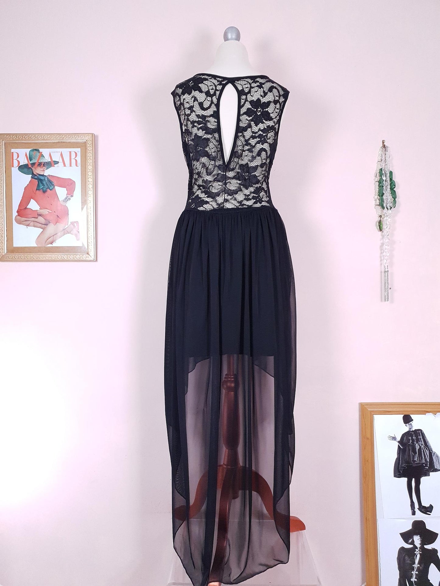 90s Vintage Black Evening Dress Size 12 LBD Fit & Flare Lace Chiffon Party