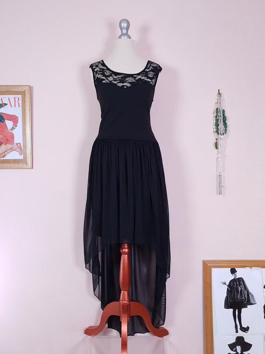 90s Vintage Black Evening Dress Size 12 LBD Fit & Flare Lace Chiffon Party