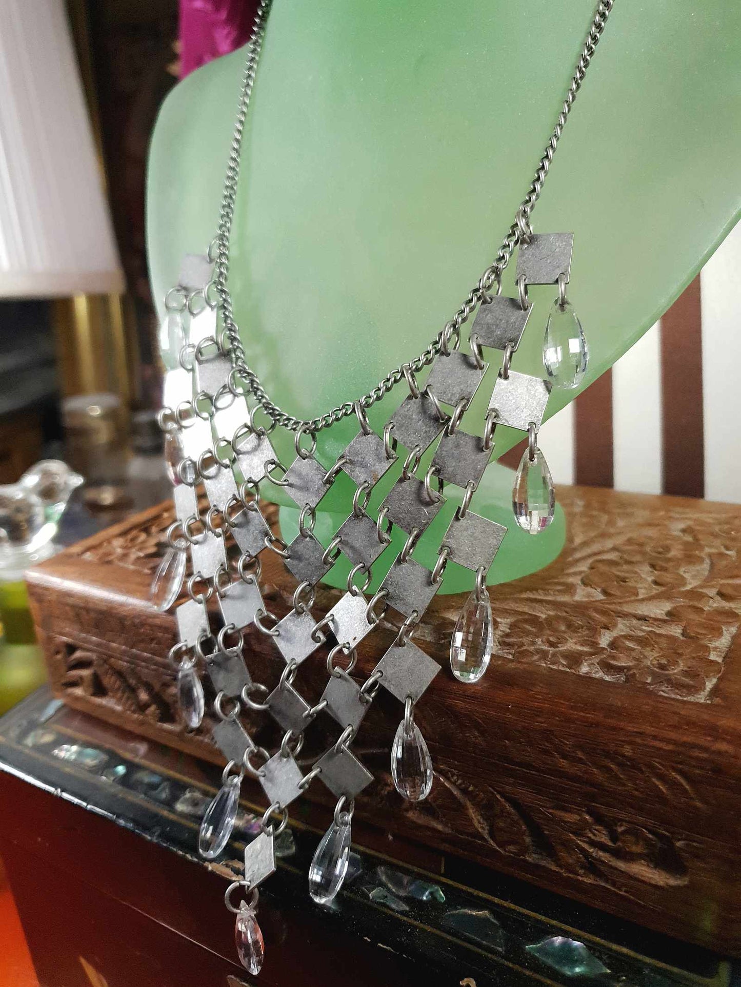 Vintage 90s Boho Metal Statement Necklace Rhinestone Bohemian