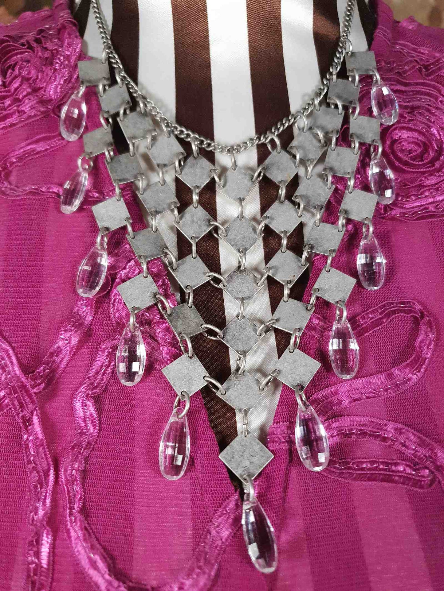 Vintage 90s Boho Metal Statement Necklace Rhinestone Bohemian