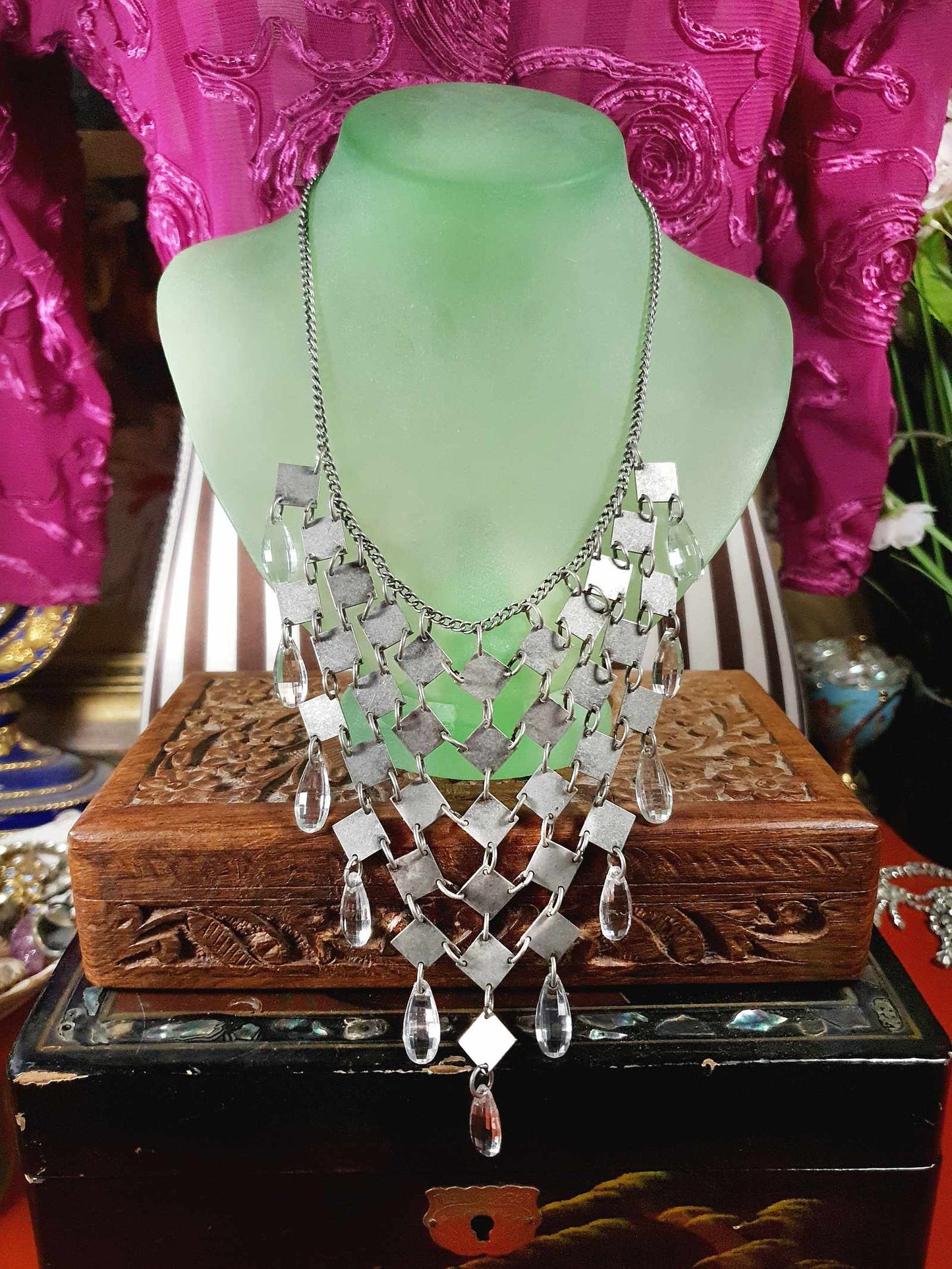 Vintage 90s Boho Metal Statement Necklace Rhinestone Bohemian