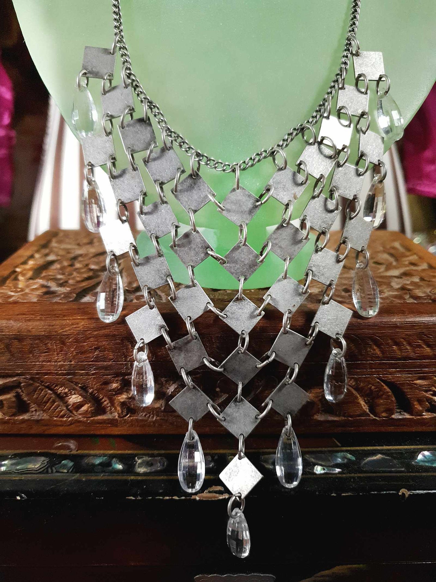 Vintage 90s Boho Metal Statement Necklace Rhinestone Bohemian