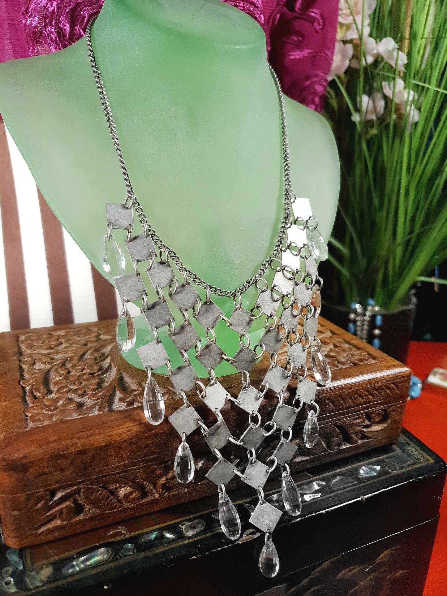 Vintage 90s Boho Metal Statement Necklace Rhinestone Bohemian