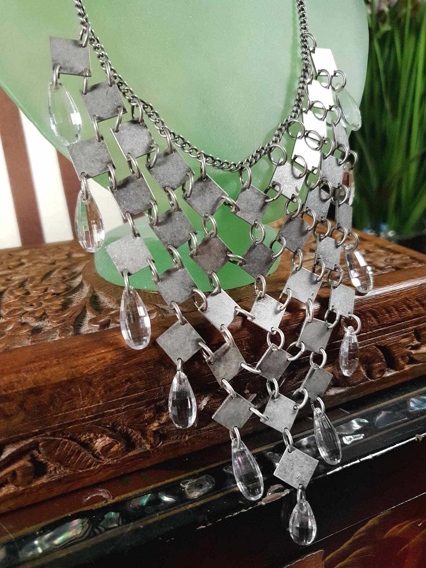 Vintage 90s Boho Metal Statement Necklace Rhinestone Bohemian