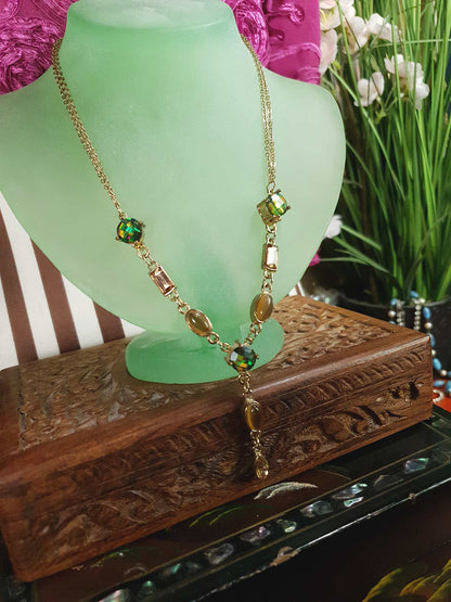 Vintage Aurora Borealis Rhinestone  Boho Necklace 90s AB Green Bronze Bohemian