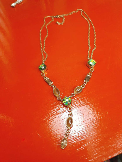 Vintage Aurora Borealis Rhinestone  Boho Necklace 90s AB Green Bronze Bohemian