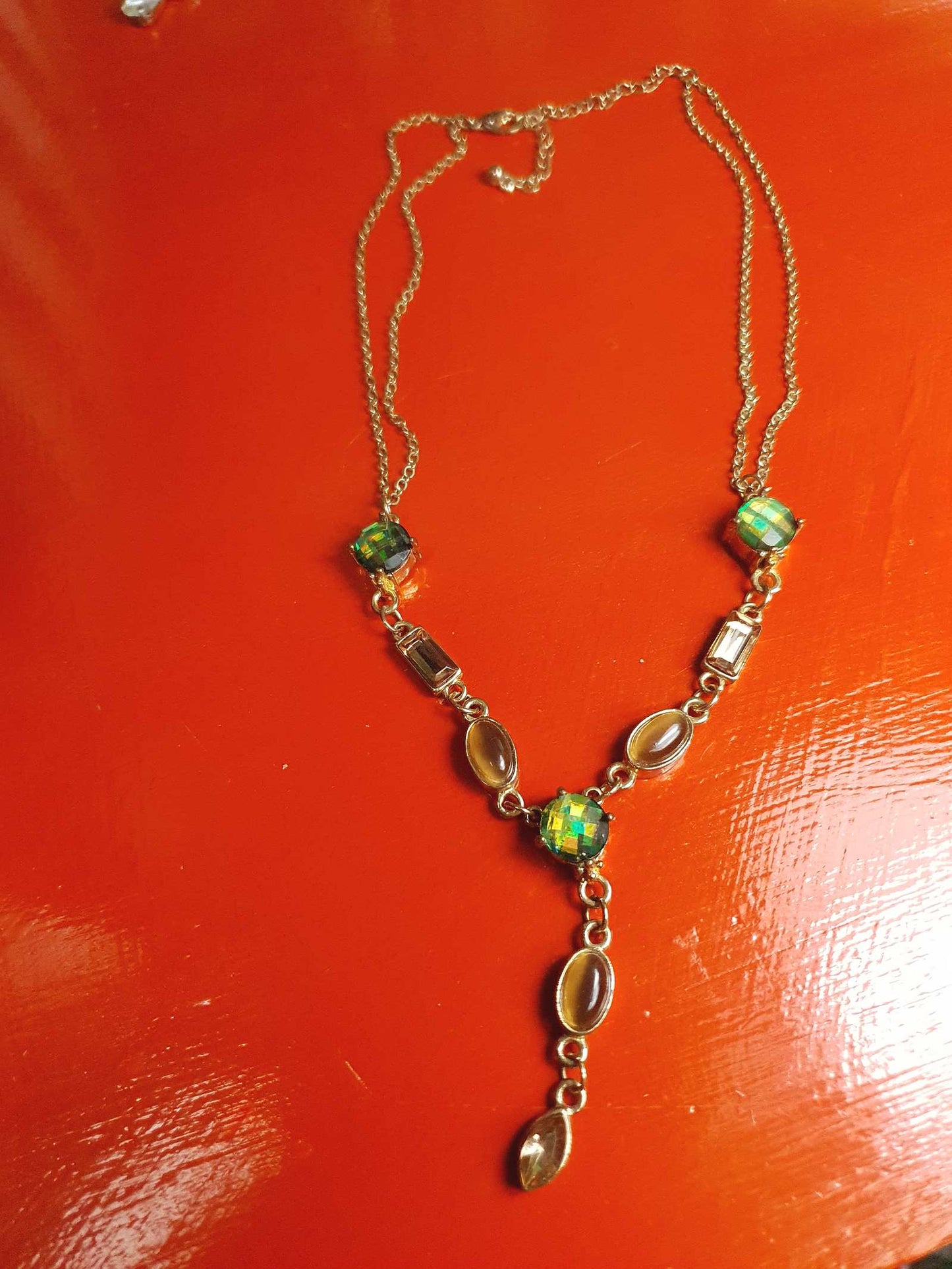 Vintage Aurora Borealis Rhinestone  Boho Necklace 90s AB Green Bronze Bohemian