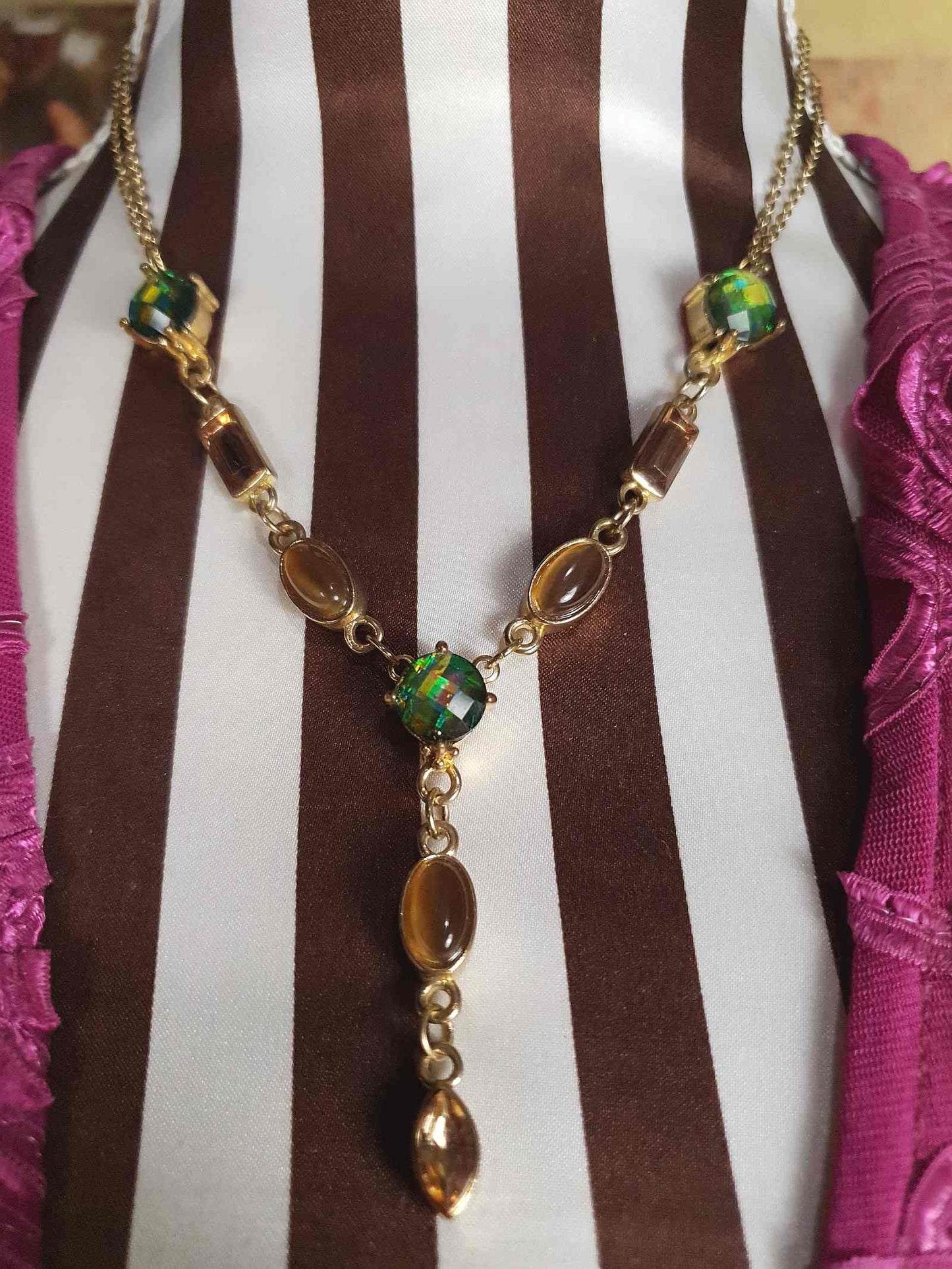 Vintage Aurora Borealis Rhinestone  Boho Necklace 90s AB Green Bronze Bohemian