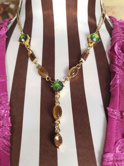 Vintage Aurora Borealis Rhinestone  Boho Necklace 90s AB Green Bronze Bohemian