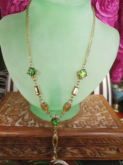 Vintage Aurora Borealis Rhinestone  Boho Necklace 90s AB Green Bronze Bohemian