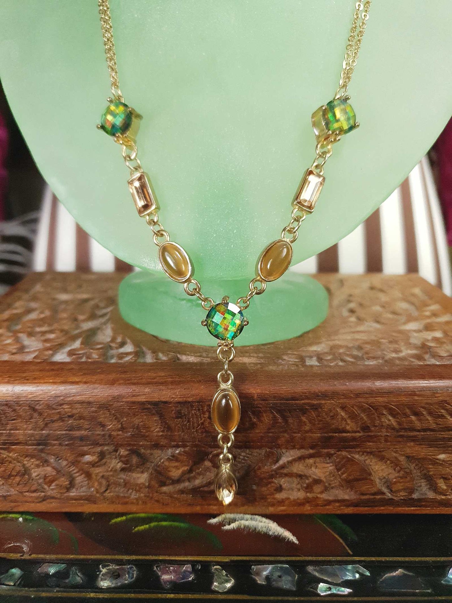 Vintage Aurora Borealis Rhinestone  Boho Necklace 90s AB Green Bronze Bohemian