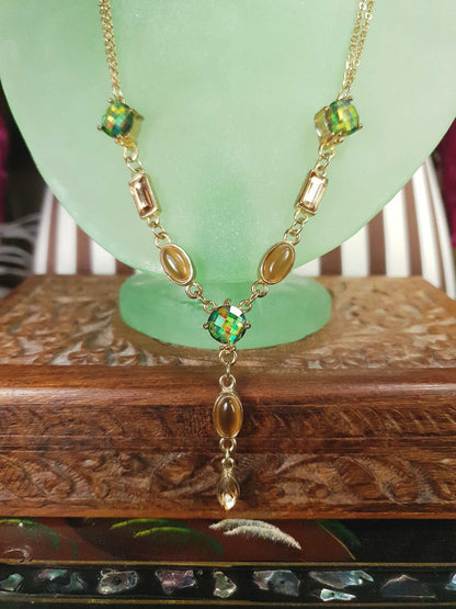Vintage Aurora Borealis Rhinestone  Boho Necklace 90s AB Green Bronze Bohemian
