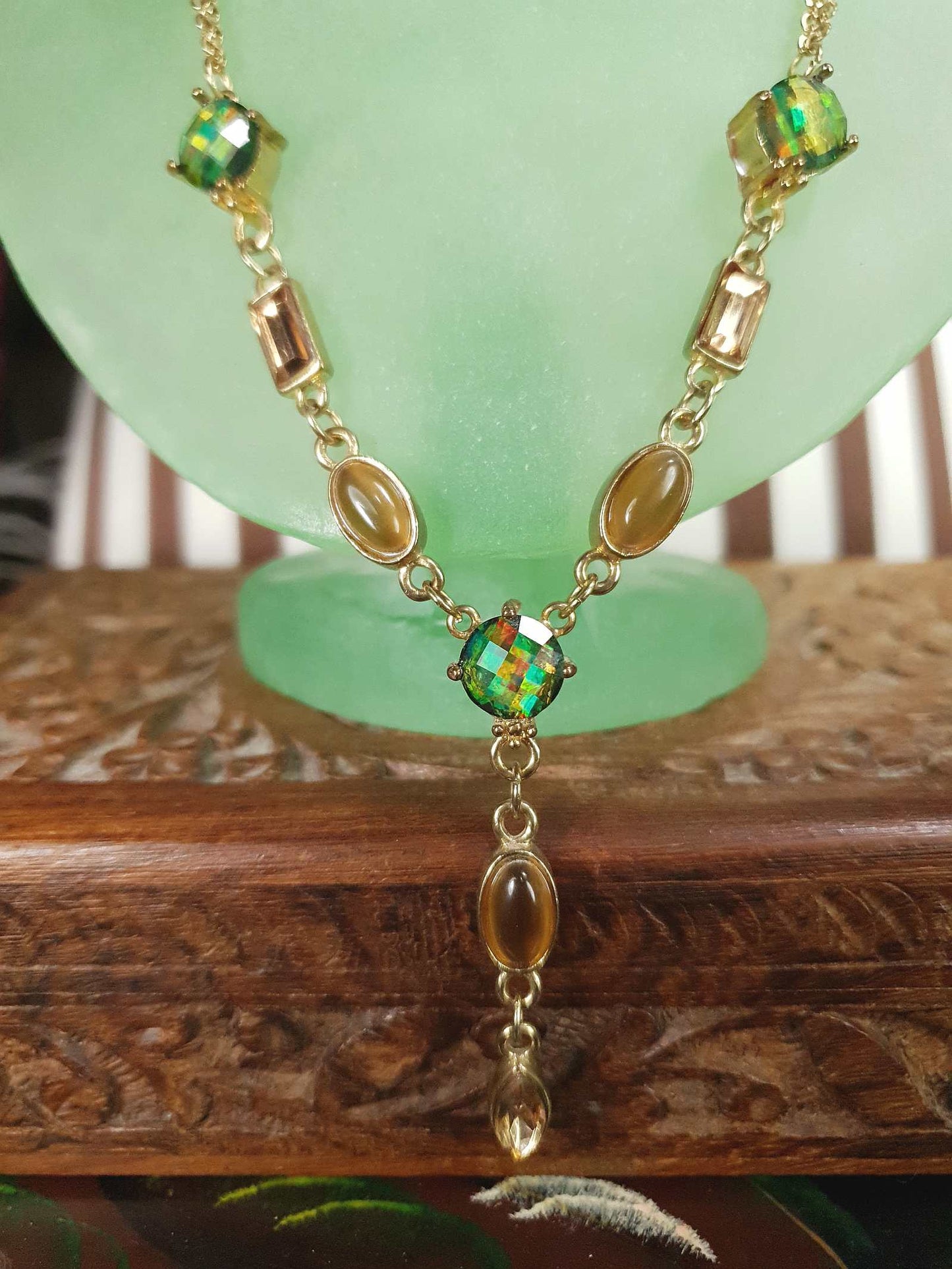 Vintage Aurora Borealis Rhinestone  Boho Necklace 90s AB Green Bronze Bohemian