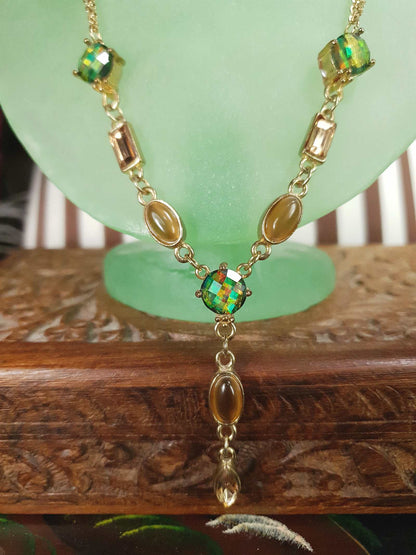 Vintage Aurora Borealis Rhinestone  Boho Necklace 90s AB Green Bronze Bohemian