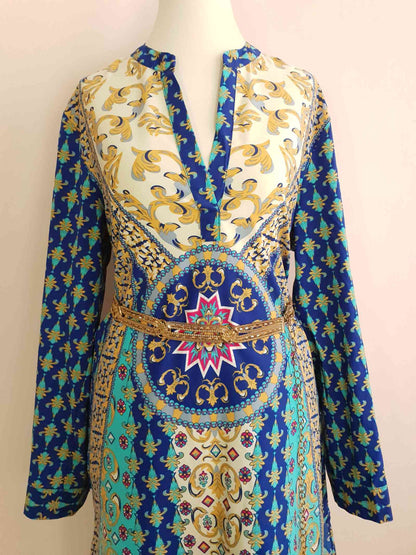 Vintage 90s Boho Kaftan Blue Patterned Bohemian Ladies Caftan