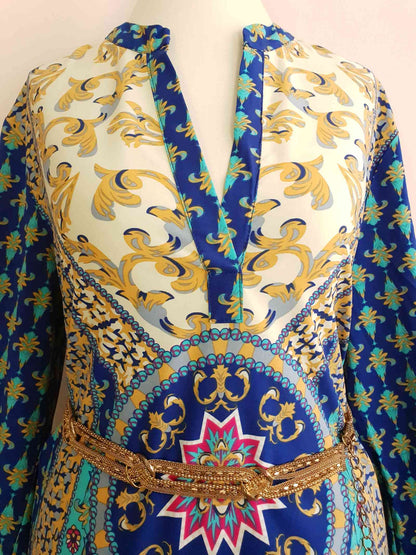 Vintage 90s Boho Kaftan Blue Patterned Bohemian Ladies Caftan