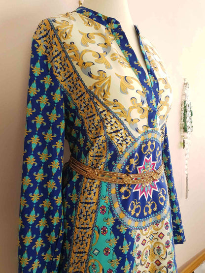 Vintage 90s Boho Kaftan Blue Patterned Bohemian Ladies Caftan