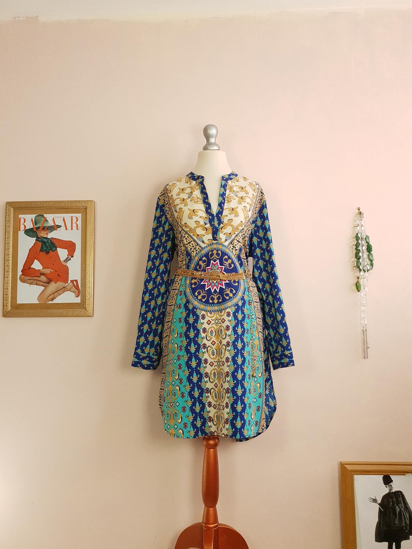 Vintage 90s Boho Kaftan Blue Patterned Bohemian Ladies Caftan