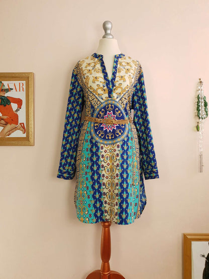 Vintage 90s Boho Kaftan Blue Patterned Bohemian Ladies Caftan