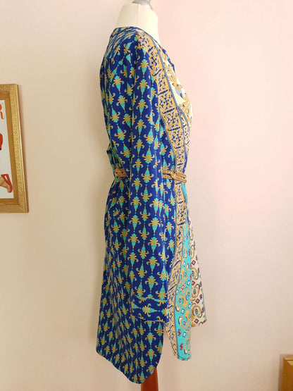 Vintage 90s Boho Kaftan Blue Patterned Bohemian Ladies Caftan