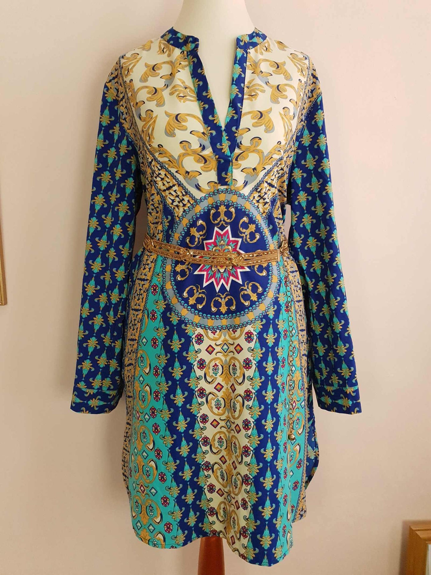 Vintage 90s Boho Kaftan Blue Patterned Bohemian Ladies Caftan