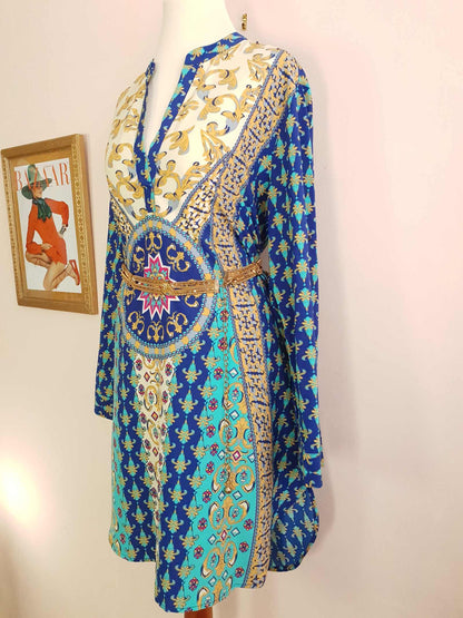 Vintage 90s Boho Kaftan Blue Patterned Bohemian Ladies Caftan