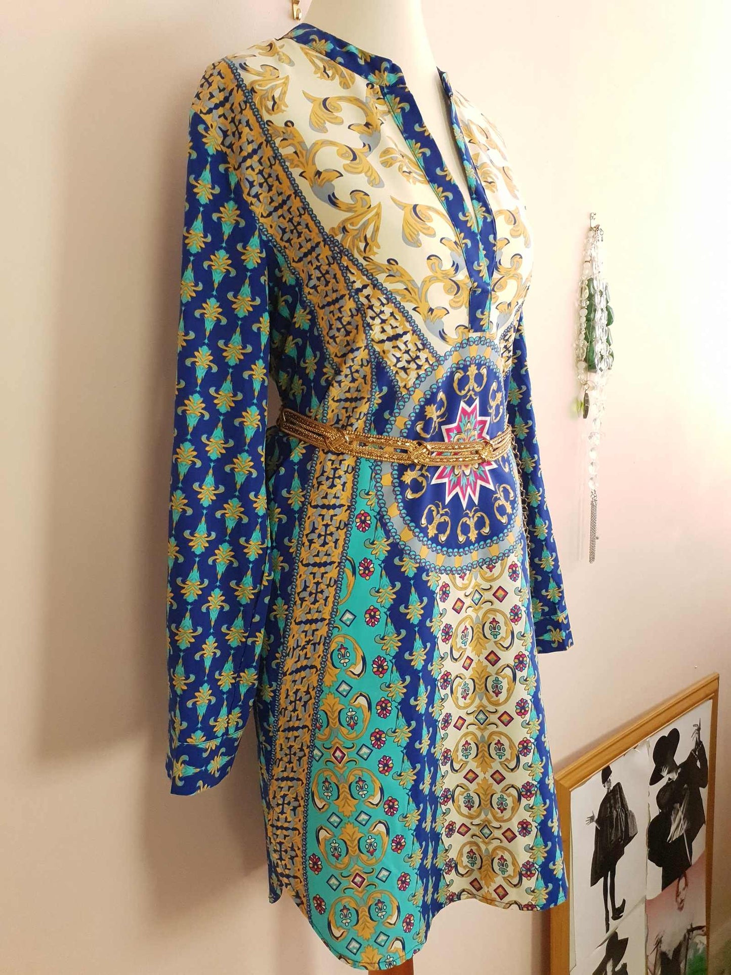 Vintage 90s Boho Kaftan Blue Patterned Bohemian Ladies Caftan