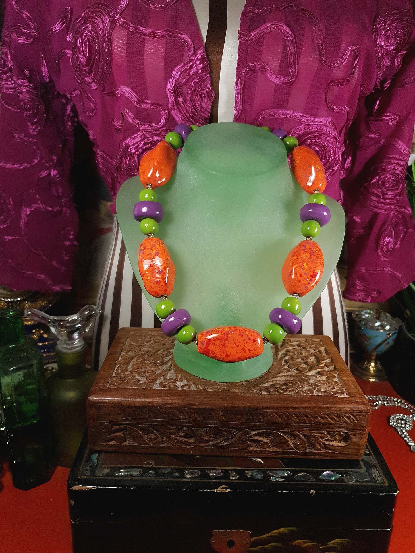 Vintage 90s Chunky Statement Necklace Choker Artisan Ceramic Boho Multi