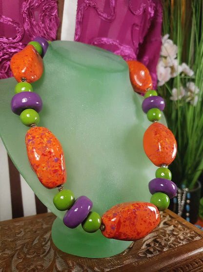 Vintage 90s Chunky Statement Necklace Choker Artisan Ceramic Boho Multi