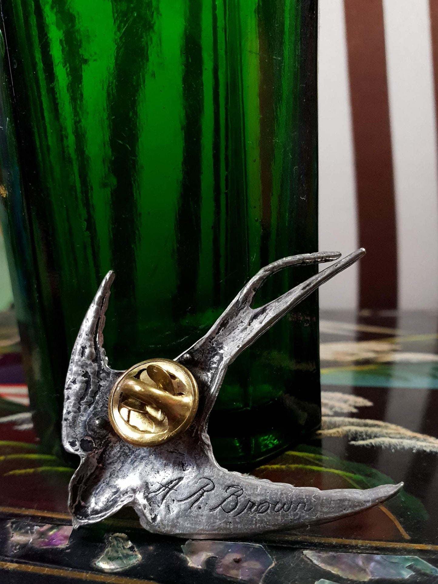 Vintage English Pewter Bird Brooch Pin Flying Swallow