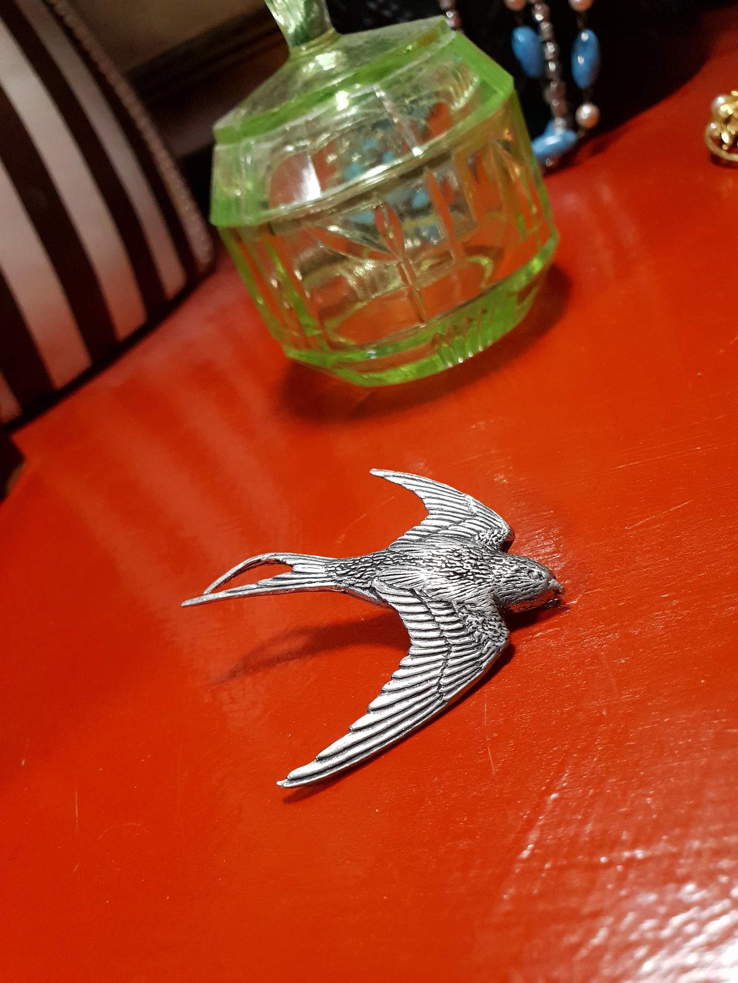Vintage English Pewter Bird Brooch Pin Flying Swallow