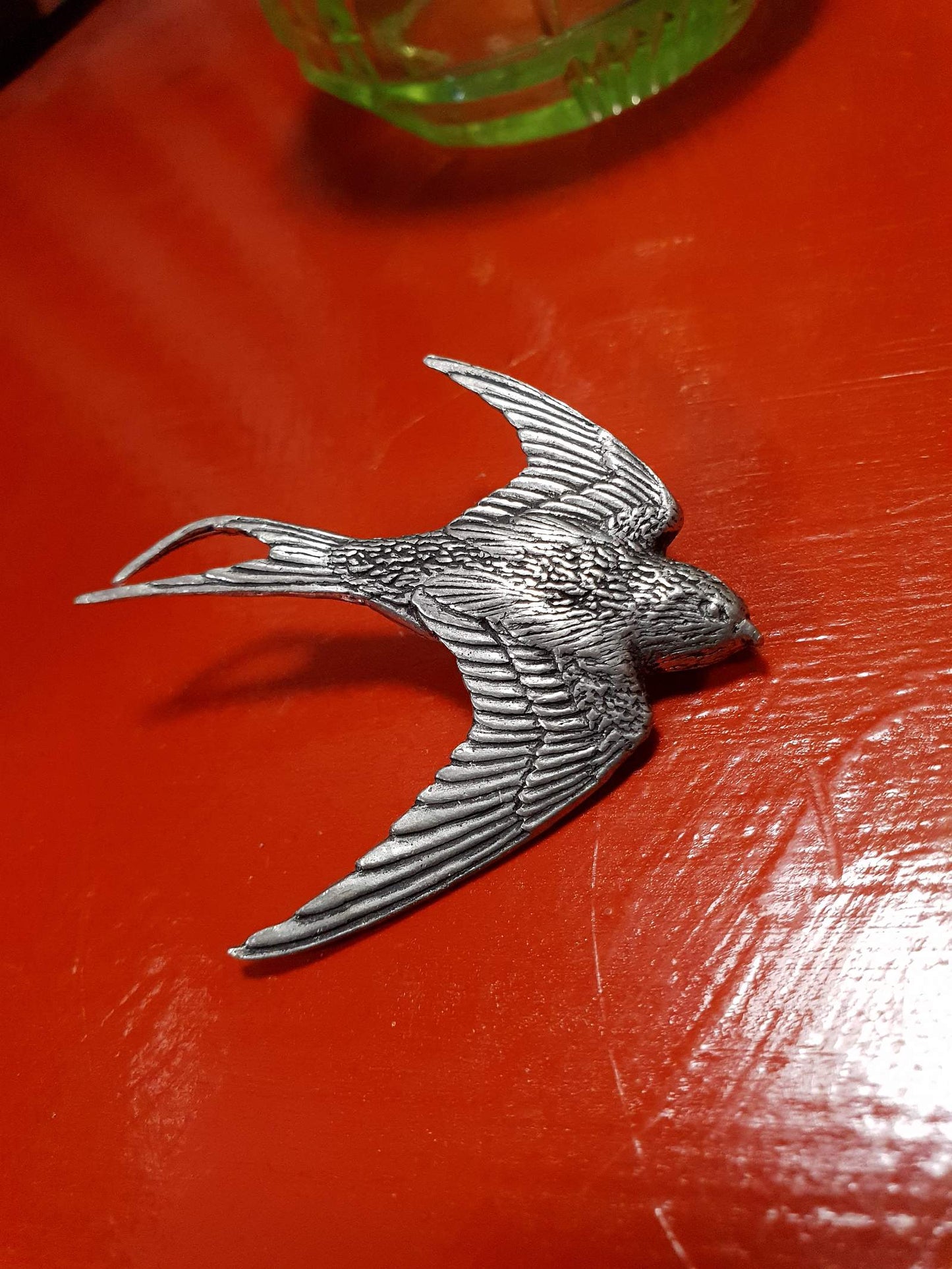 Vintage English Pewter Bird Brooch Pin Flying Swallow