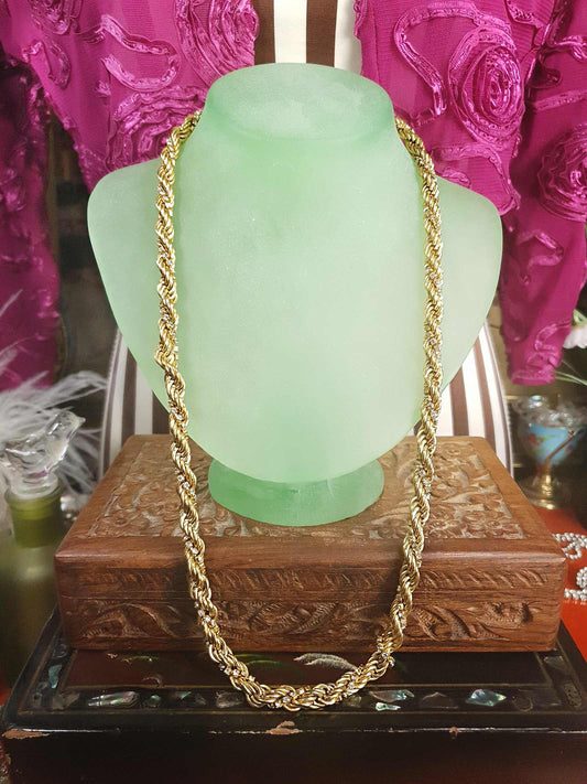 90s Vintage Twisted Rope Chain Rhinestone Necklace 24" Gold-Tone