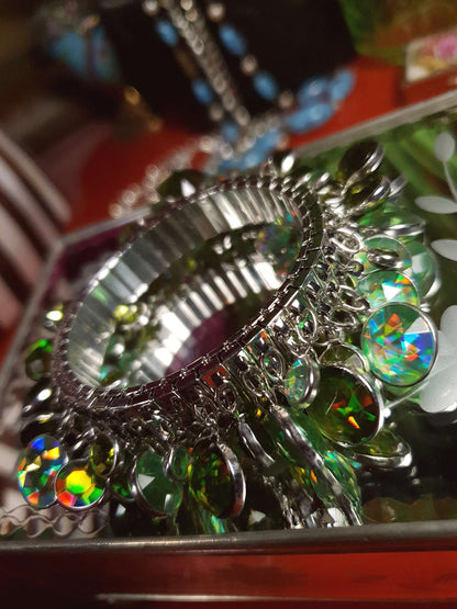 Vintage 90s Aurora Borealis Cha Cha Bracelet Charm Green Rhinestone AB